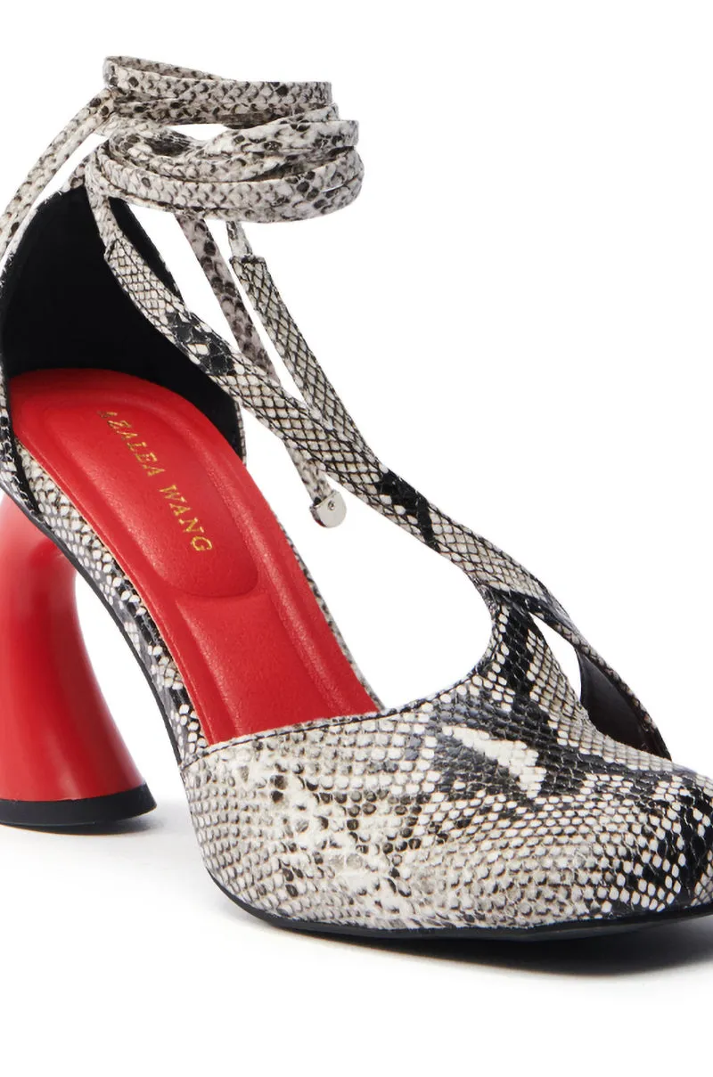 AZALEA WANG BUIKY SNAKE CONTRAST CURVED HEEL OPEN TOE PUMP