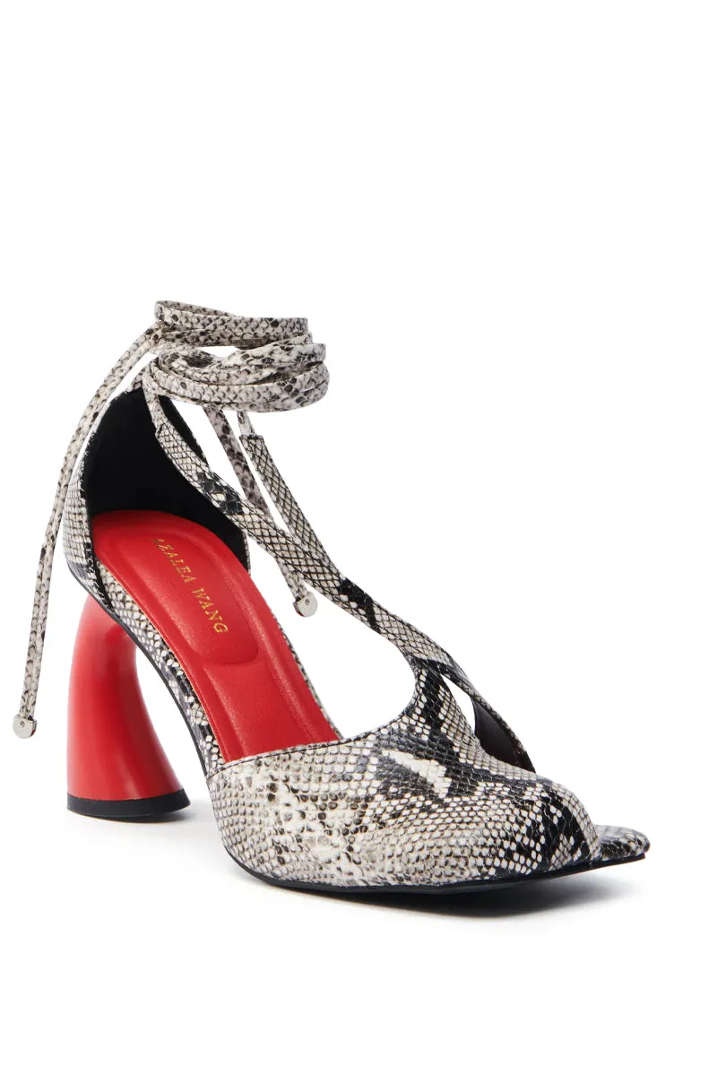 AZALEA WANG BUIKY SNAKE CONTRAST CURVED HEEL OPEN TOE PUMP