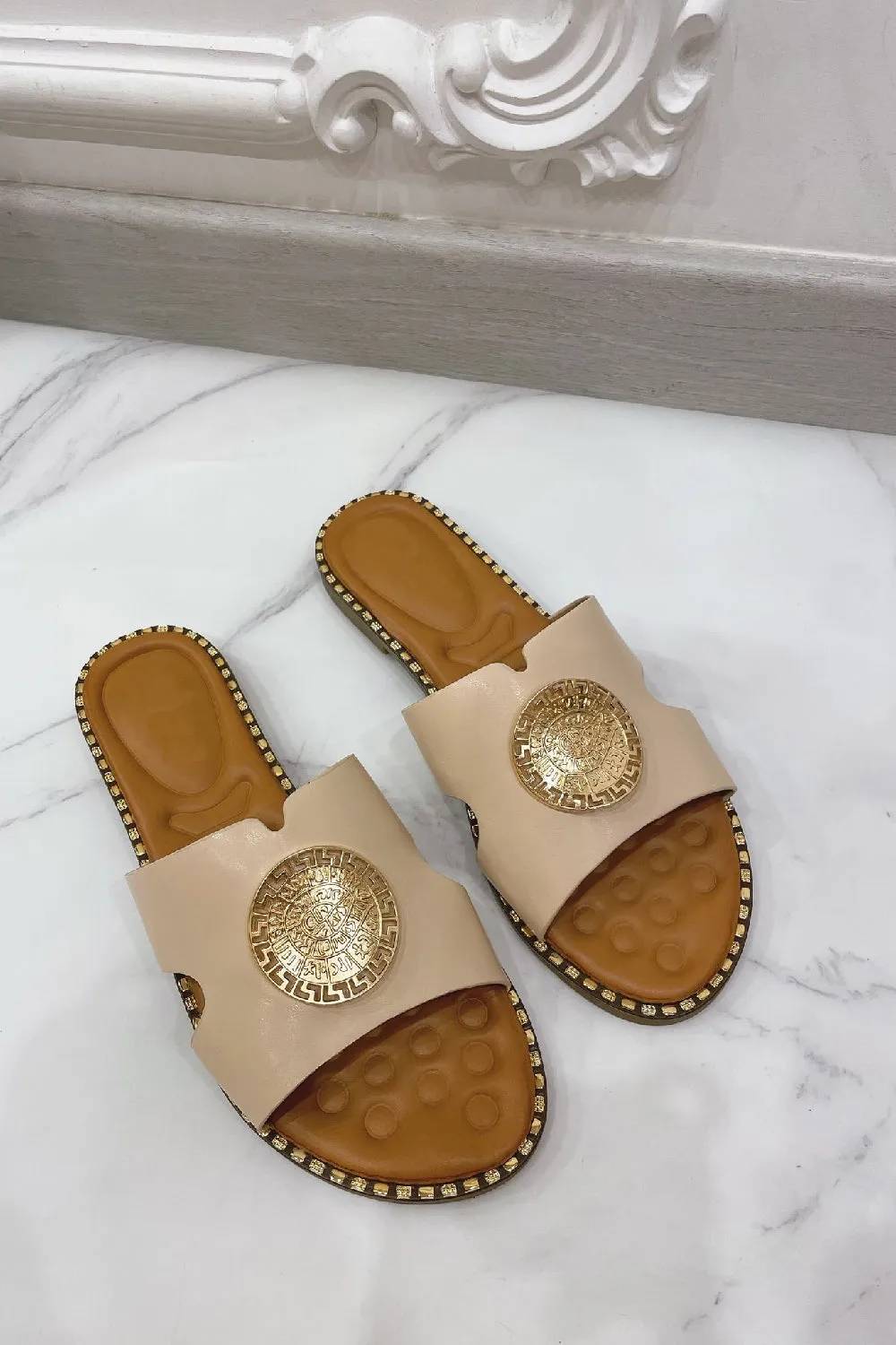 BEIGE FLAT SLIP ON DECORATIVE DETAIL COMFY FOOTBED SLIDER SUMMER SANDALS
