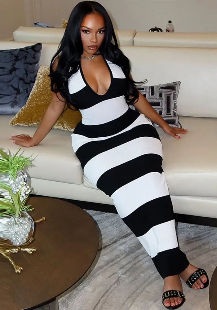 Bold Black and White Striped Backless U-Neck Bodycon Dress