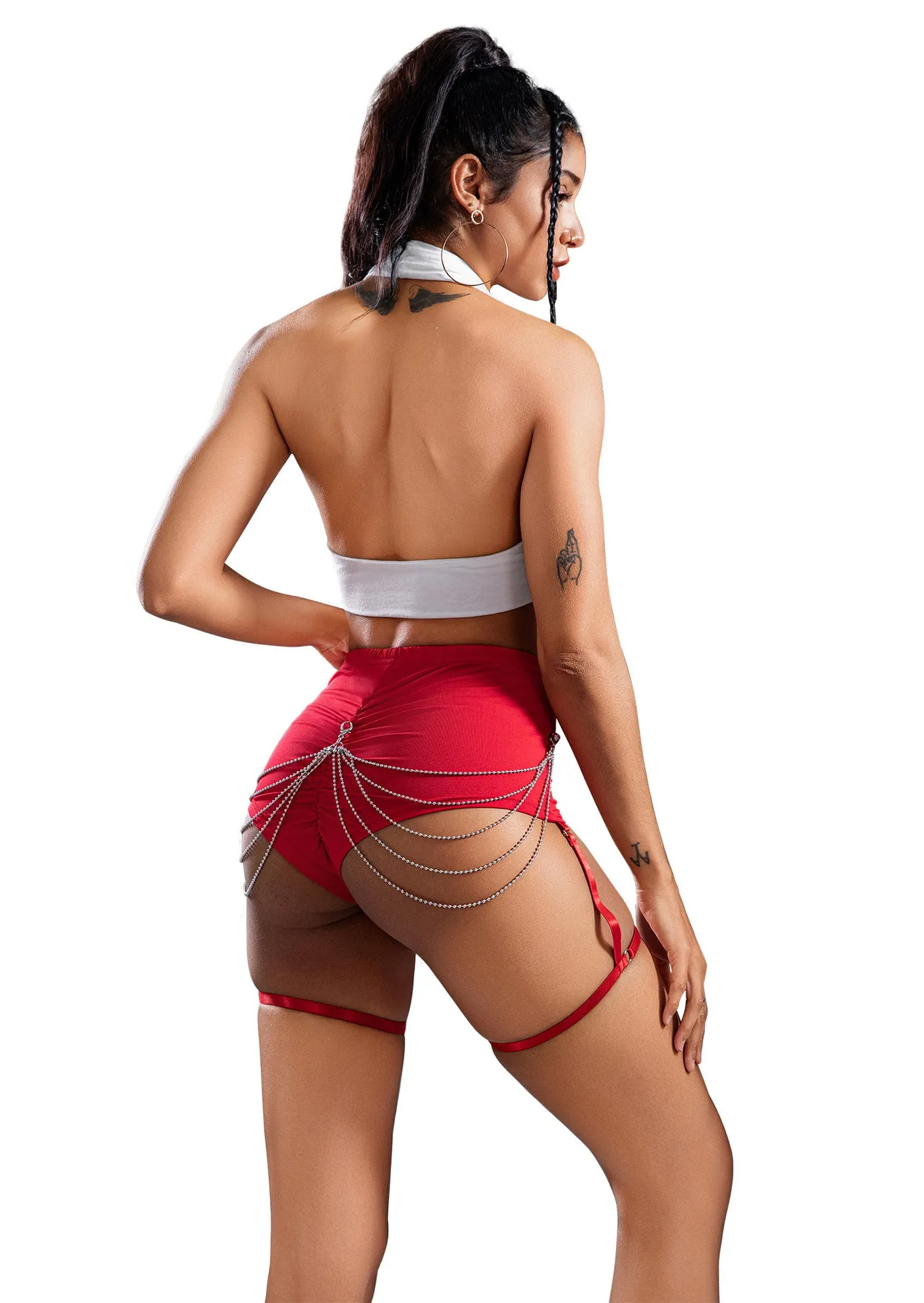 Bold High-Waisted Chain Detail Shorts with Garter Straps