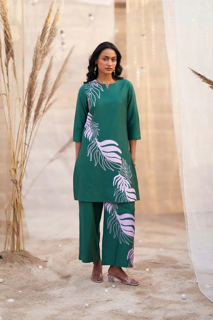 Bold Leaf-Print Co-ord Set with Notch Neck & Flared PantsRVWK91YGL-WP21YGL