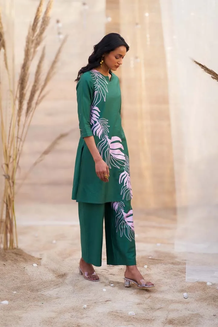 Bold Leaf-Print Co-ord Set with Notch Neck & Flared PantsRVWK91YGL-WP21YGL