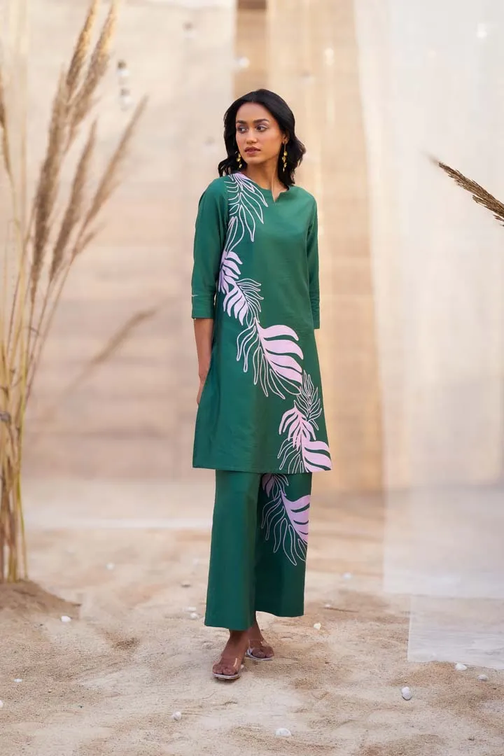 Bold Leaf-Print Co-ord Set with Notch Neck & Flared PantsRVWK91YGL-WP21YGL