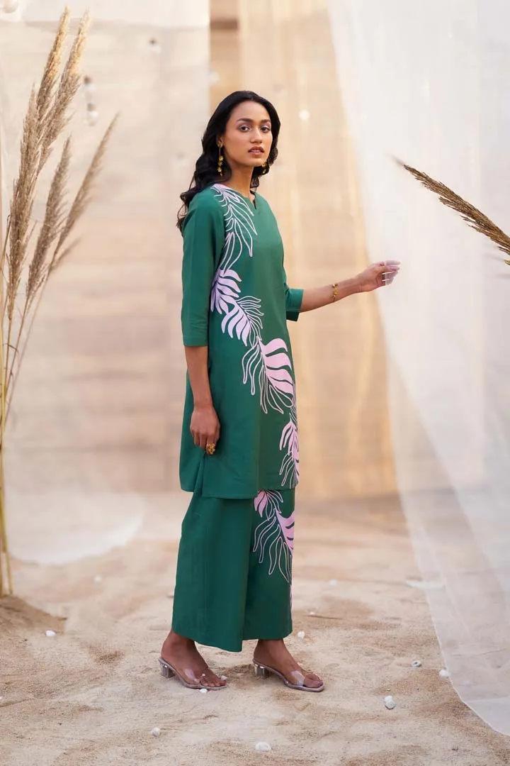 Bold Leaf-Print Co-ord Set with Notch Neck & Flared PantsRVWK91YGL-WP21YGL