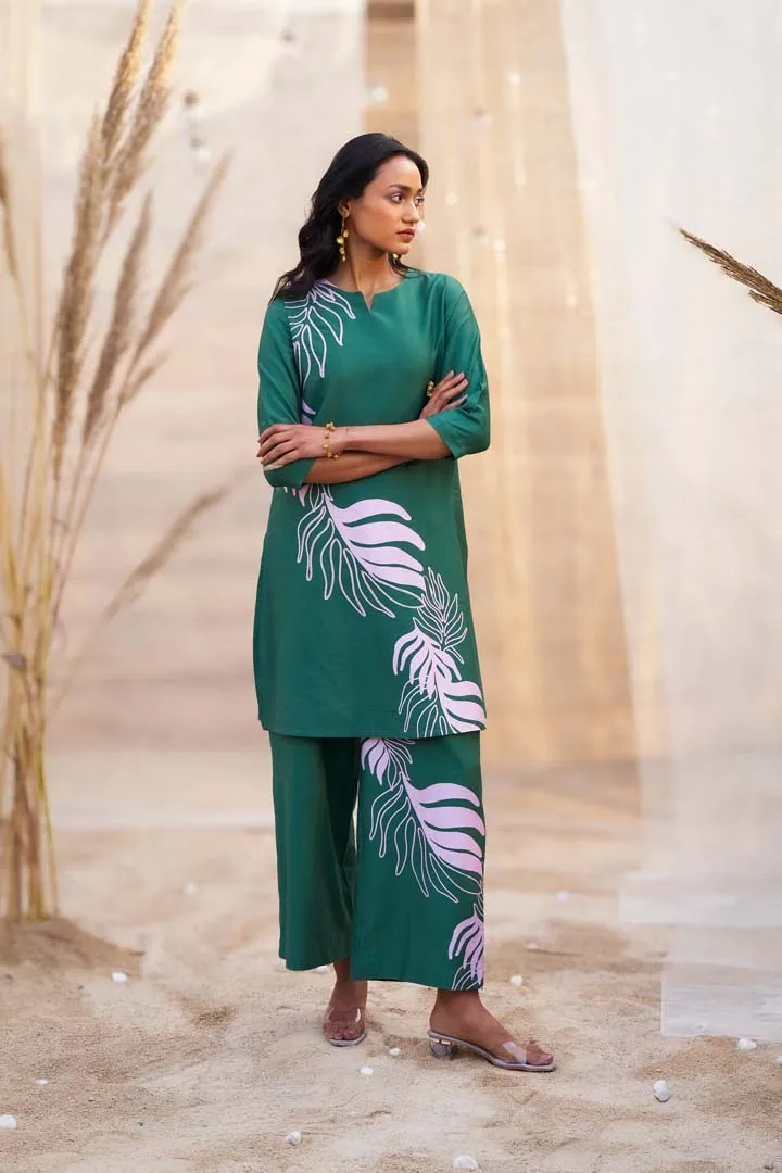 Bold Leaf-Print Co-ord Set with Notch Neck & Flared PantsRVWK91YGL-WP21YGL