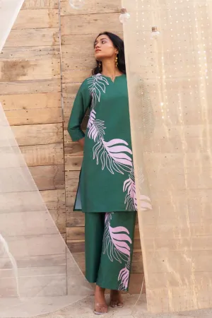 Bold Leaf-Print Co-ord Set with Notch Neck & Flared PantsRVWK91YGL-WP21YGL