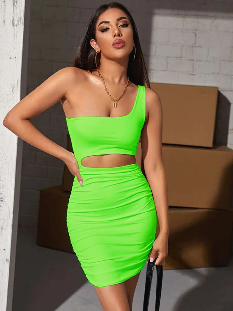 Bold One-Shoulder Cutout Bodycon Mini Dress with Pleated Detailing