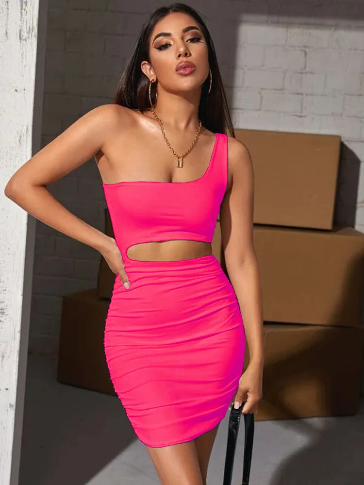 Bold One-Shoulder Cutout Bodycon Mini Dress with Pleated Detailing