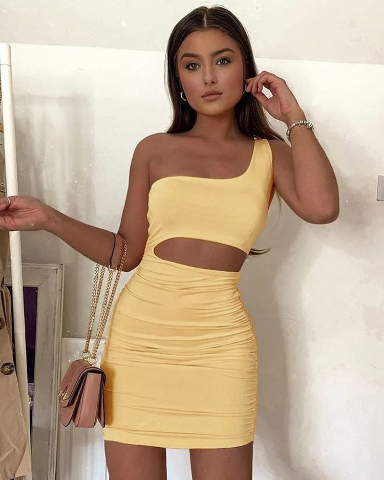Bold One-Shoulder Cutout Bodycon Mini Dress with Pleated Detailing