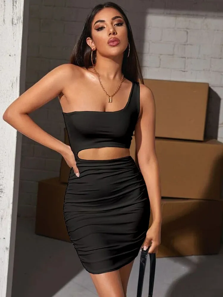 Bold One-Shoulder Cutout Bodycon Mini Dress with Pleated Detailing