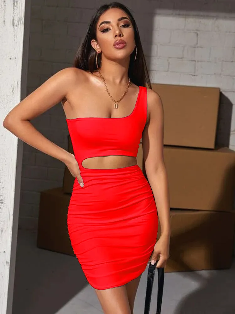 Bold One-Shoulder Cutout Bodycon Mini Dress with Pleated Detailing