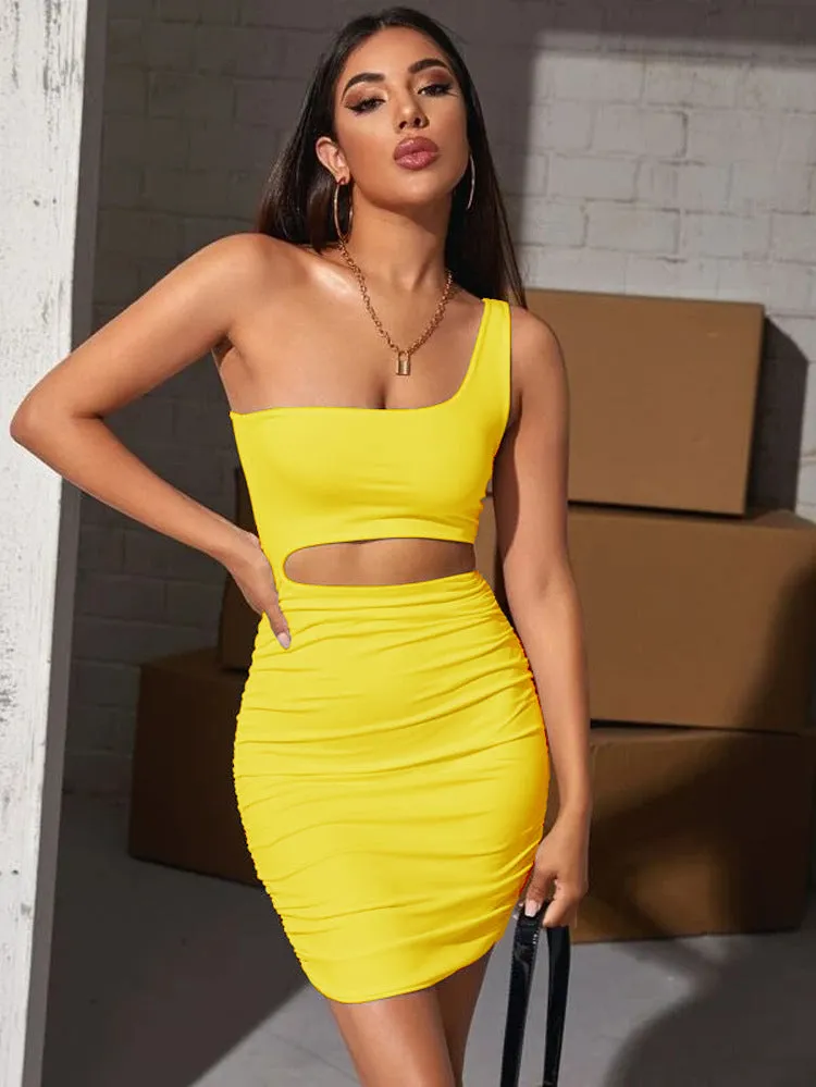 Bold One-Shoulder Cutout Bodycon Mini Dress with Pleated Detailing
