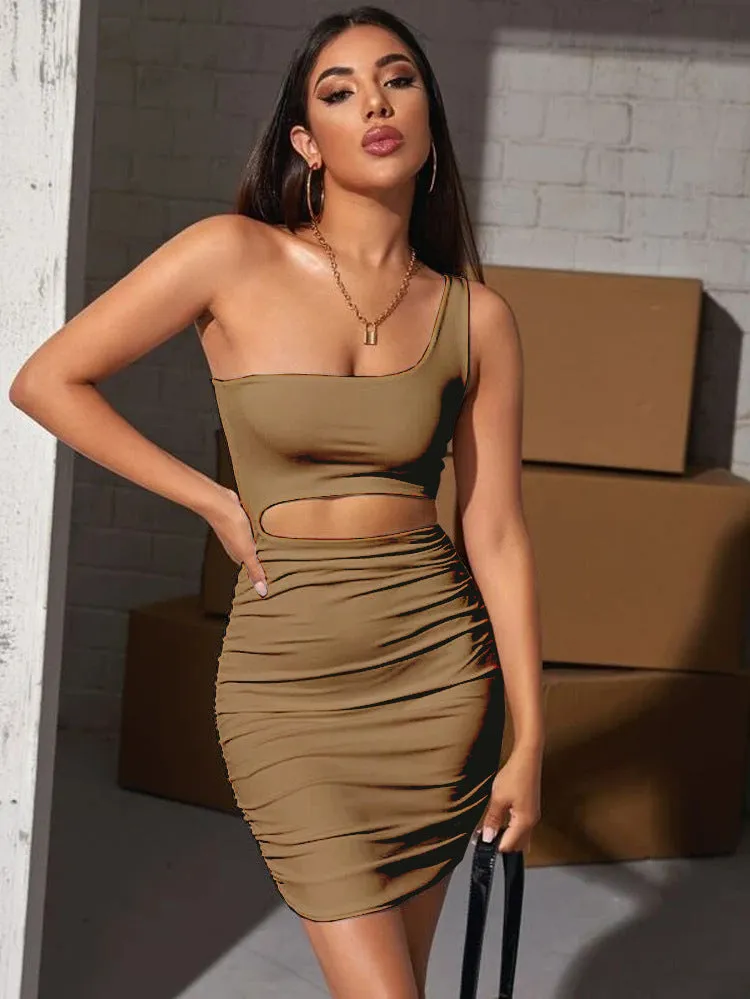 Bold One-Shoulder Cutout Bodycon Mini Dress with Pleated Detailing