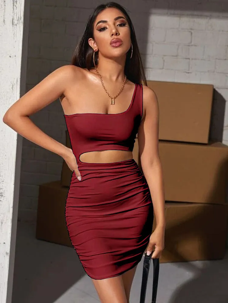 Bold One-Shoulder Cutout Bodycon Mini Dress with Pleated Detailing