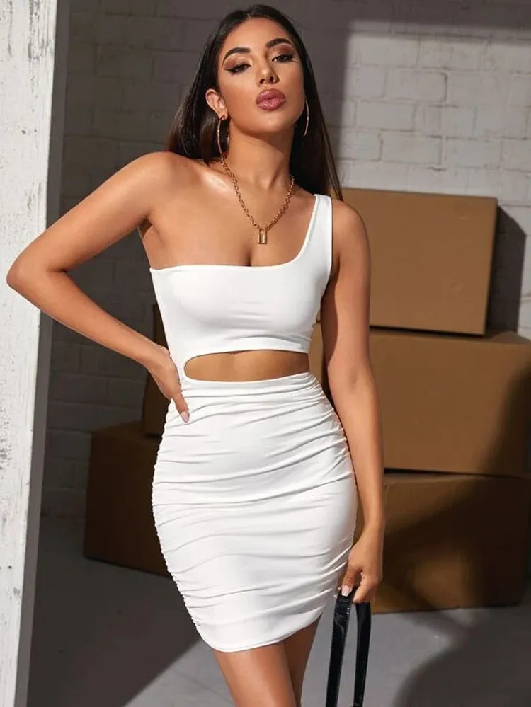 Bold One-Shoulder Cutout Bodycon Mini Dress with Pleated Detailing