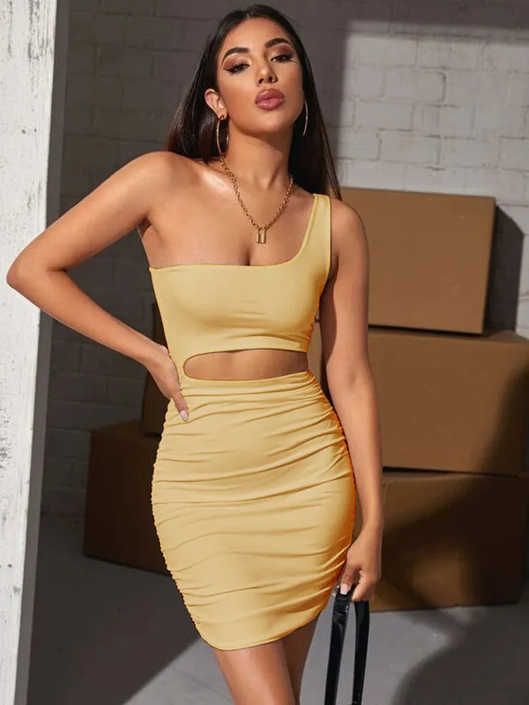 Bold One-Shoulder Cutout Bodycon Mini Dress with Pleated Detailing