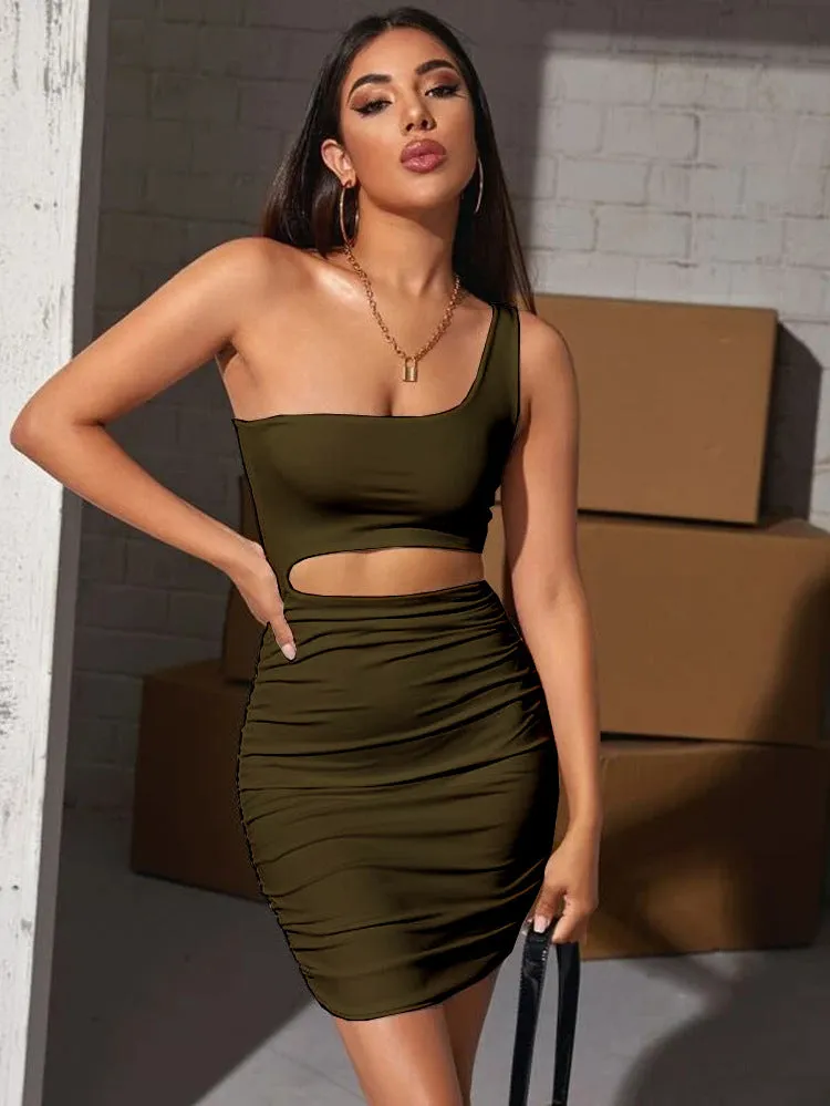 Bold One-Shoulder Cutout Bodycon Mini Dress with Pleated Detailing