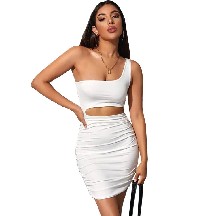 Bold One-Shoulder Cutout Bodycon Mini Dress with Pleated Detailing