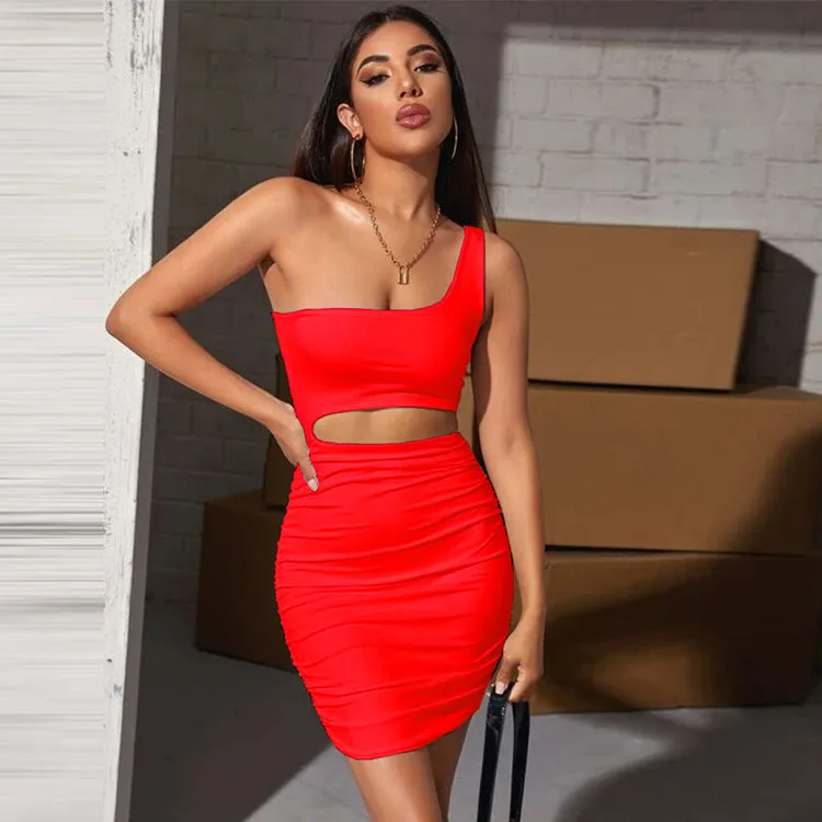 Bold One-Shoulder Cutout Bodycon Mini Dress with Pleated Detailing