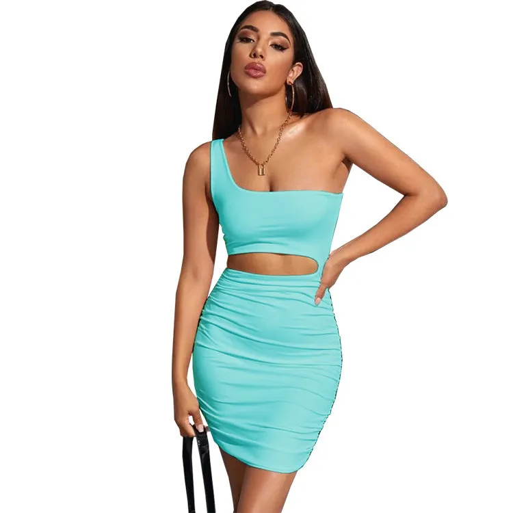 Bold One-Shoulder Cutout Bodycon Mini Dress with Pleated Detailing
