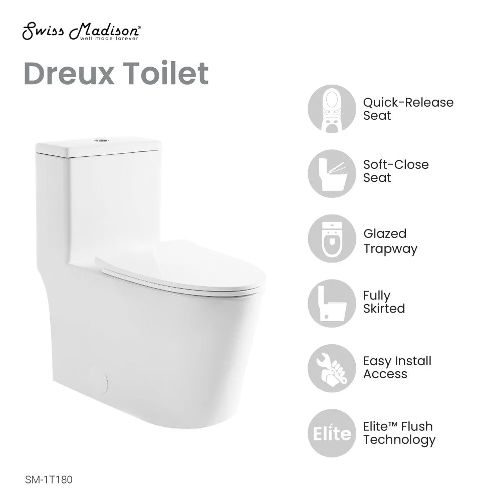 Dreux High Efficiency One-Piece Elongated Toilet with 0.8 GPF Water Saving Patented Technology