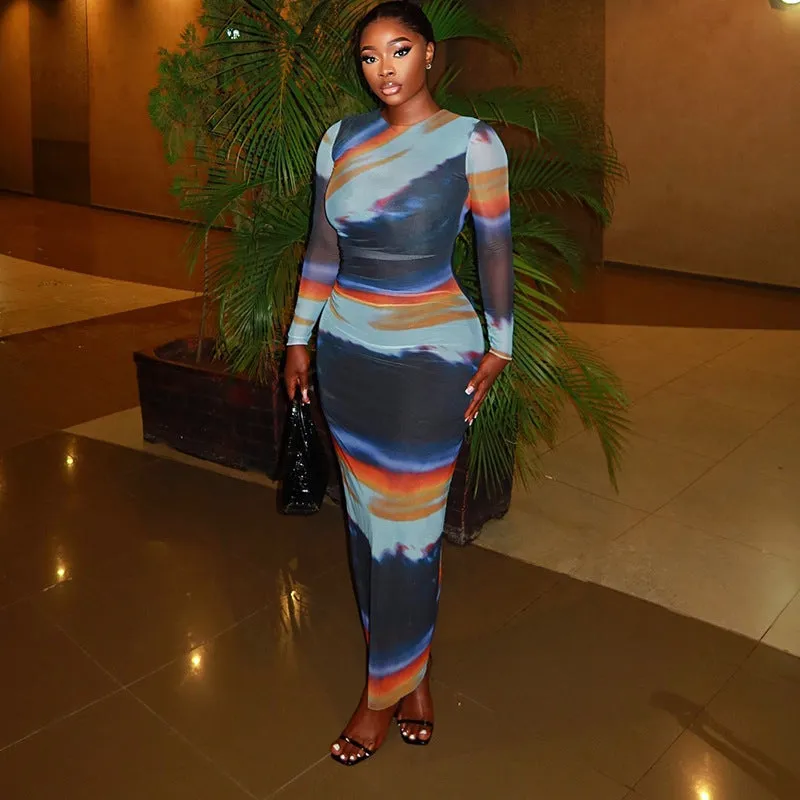 Elegant Abstract Print Long Sleeve Bodycon Maxi Dress