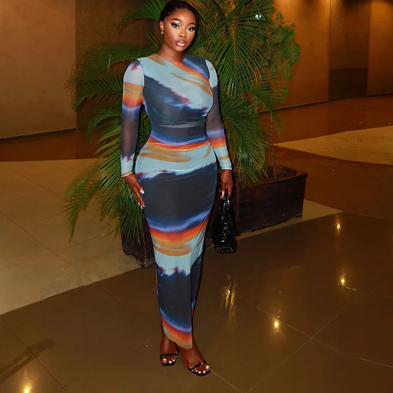 Elegant Abstract Print Long Sleeve Bodycon Maxi Dress