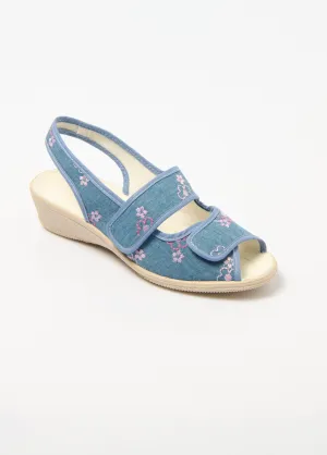 Embroidered wedge sandals comfort width velcro