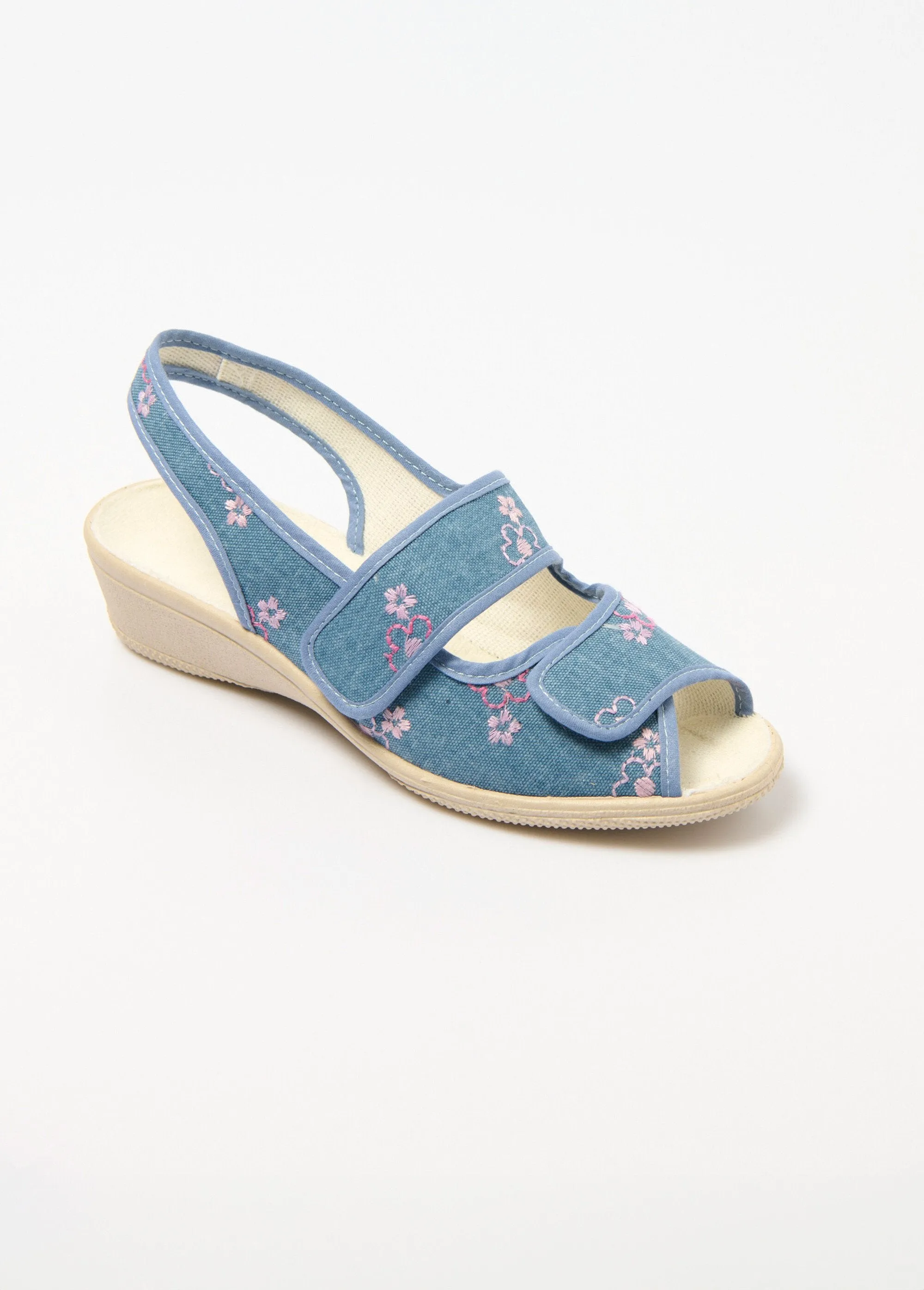 Embroidered wedge sandals comfort width velcro