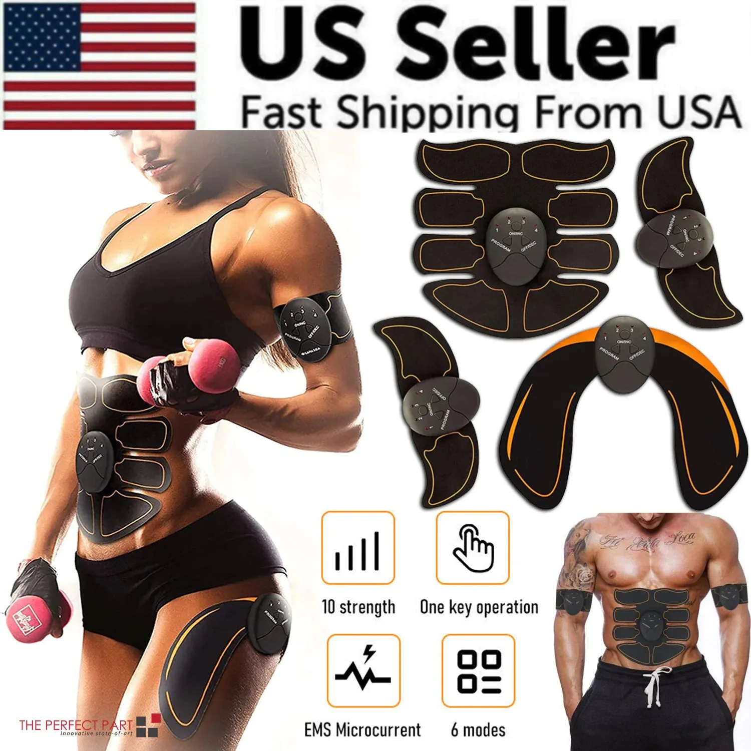 EMS Abdominal Muscle Trainer - Portable 6 Mode Device with 10 Intensity Levels for Abs, Arms, and Hips
