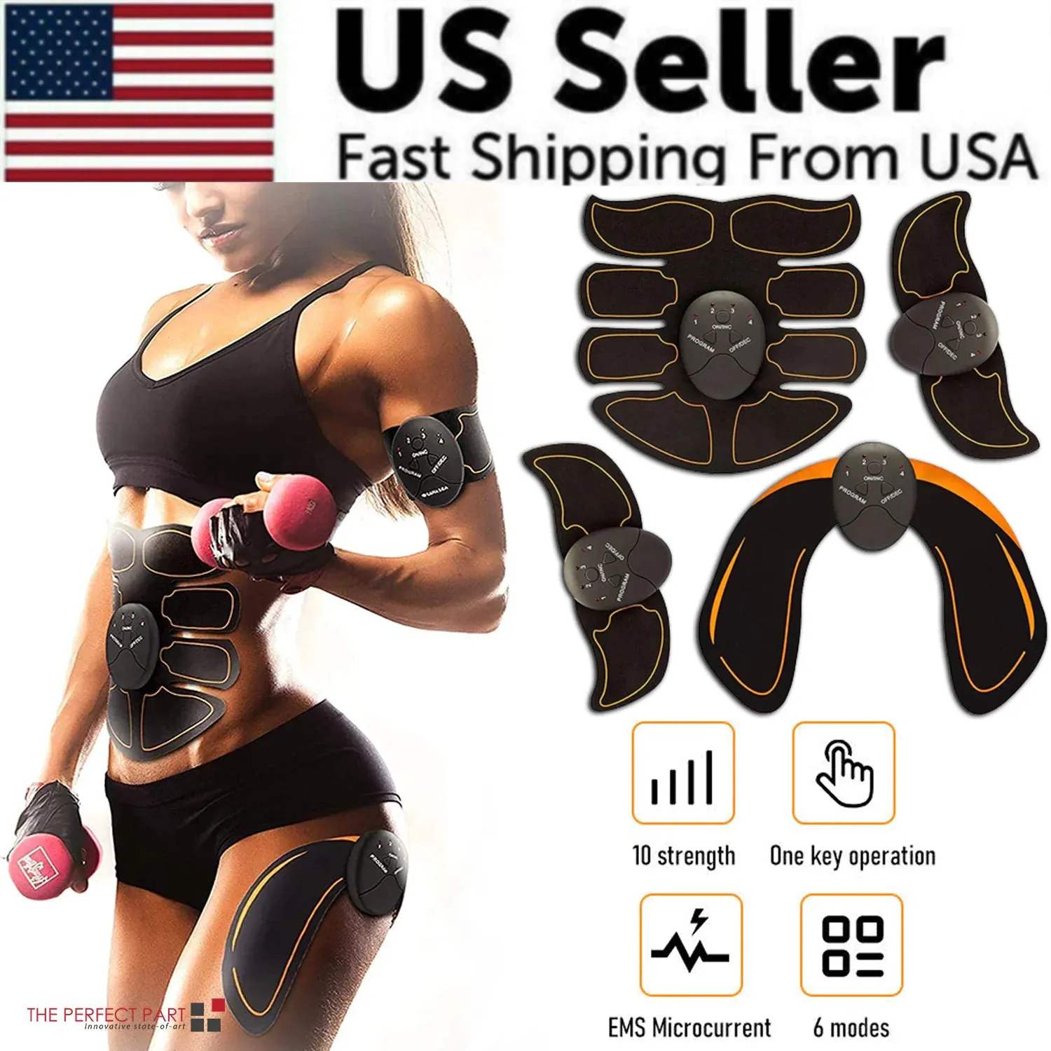 EMS Abdominal Muscle Trainer - Portable 6 Mode Device with 10 Intensity Levels for Abs, Arms, and Hips