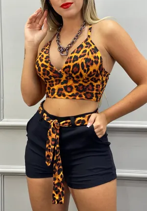 Fierce Leopard Print Halter Crop Top and High-Waist Shorts Set