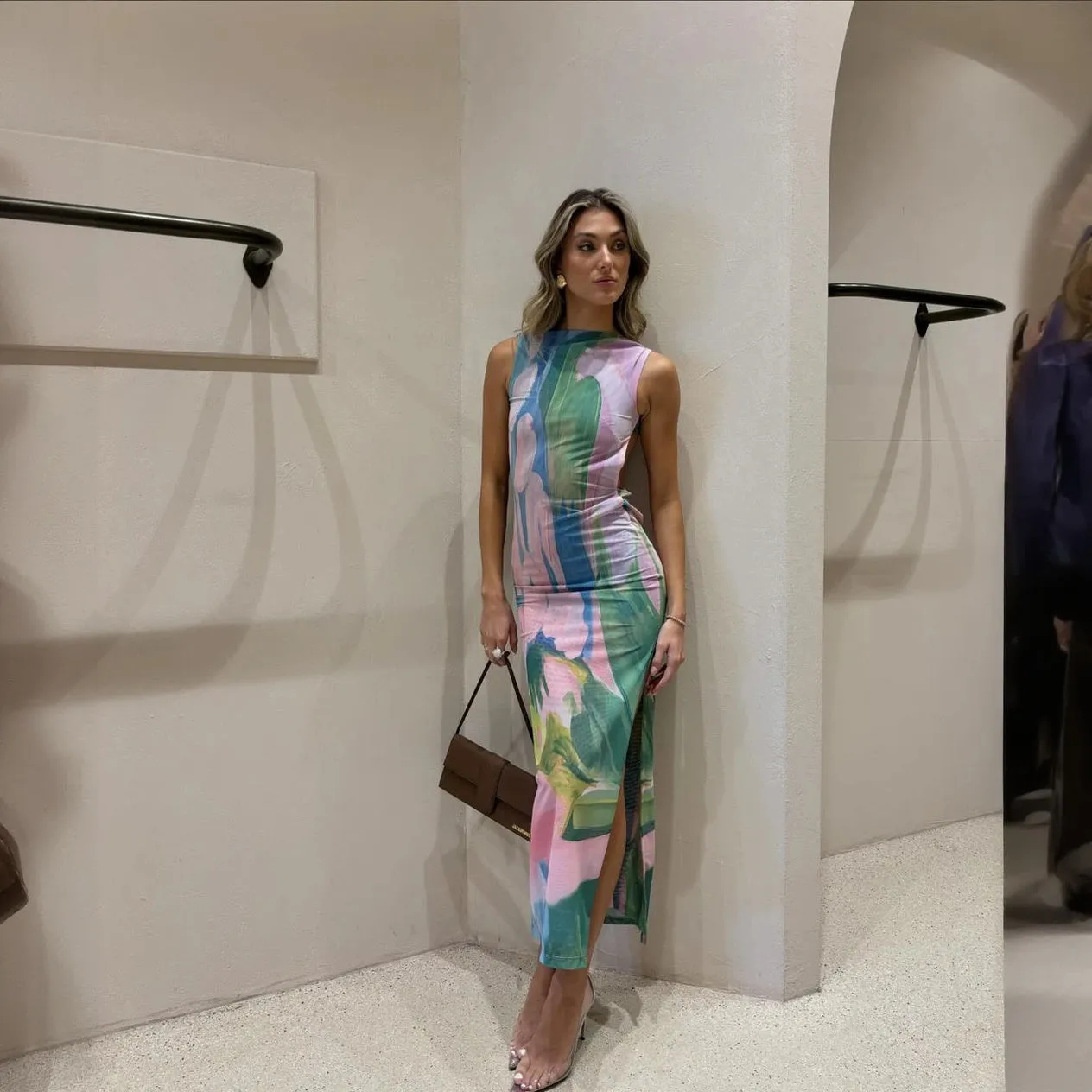 Floral Print Form-Fitting Mid-Calf Dress
