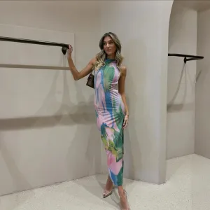 Floral Print Form-Fitting Mid-Calf Dress