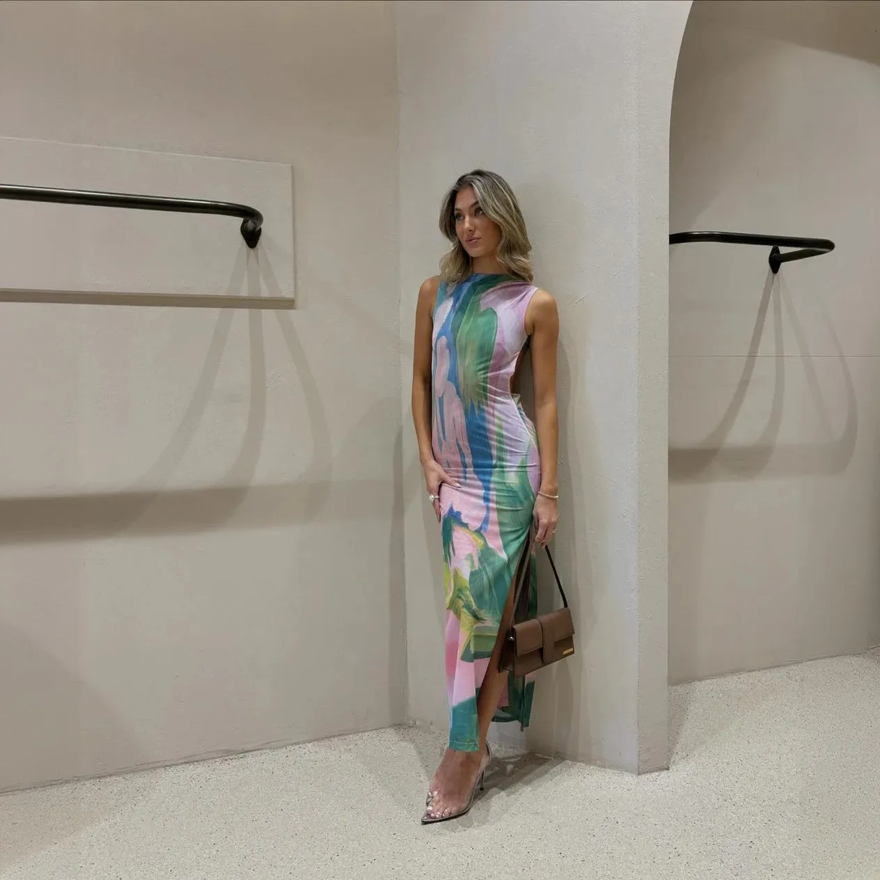 Floral Print Form-Fitting Mid-Calf Dress