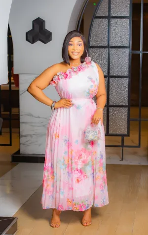 Floral Symphony- One Sleeve Pleated Maxi Dress/Belt (NEW)