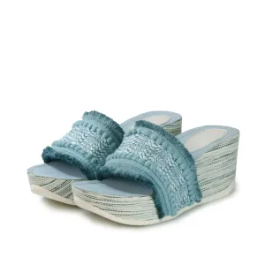 Formentera Embroidery Wedge Slide Sandals (Jeans)
