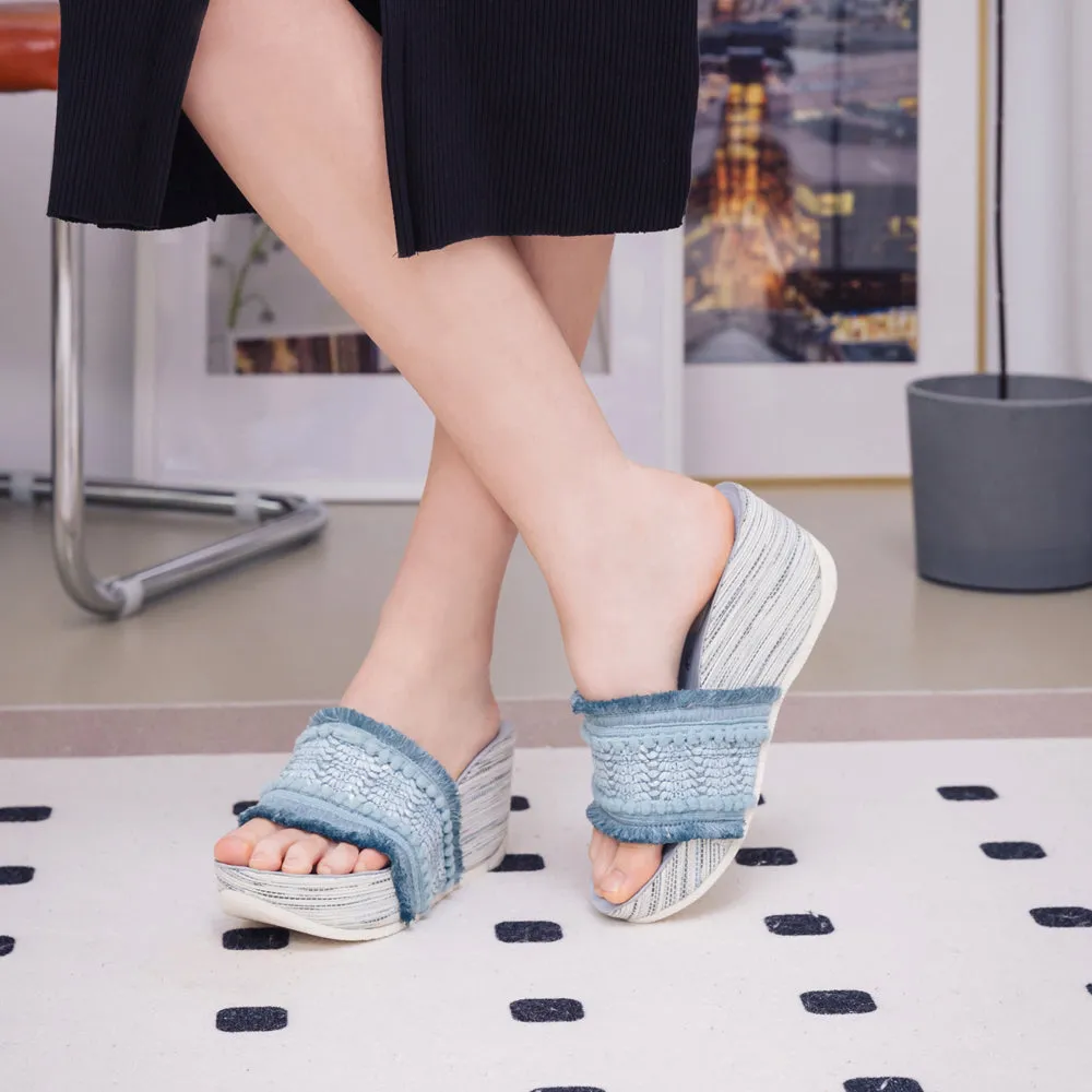 Formentera Embroidery Wedge Slide Sandals (Jeans)