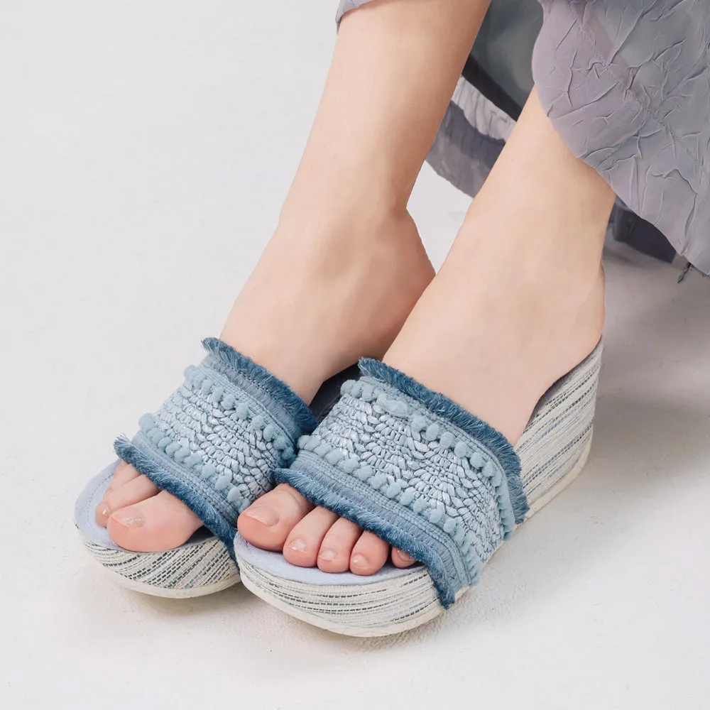 Formentera Embroidery Wedge Slide Sandals (Jeans)