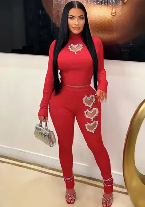 Glamorous Rhinestone Heart Cut-Out Long Sleeve Crop Top and High-Waist Pants Set
