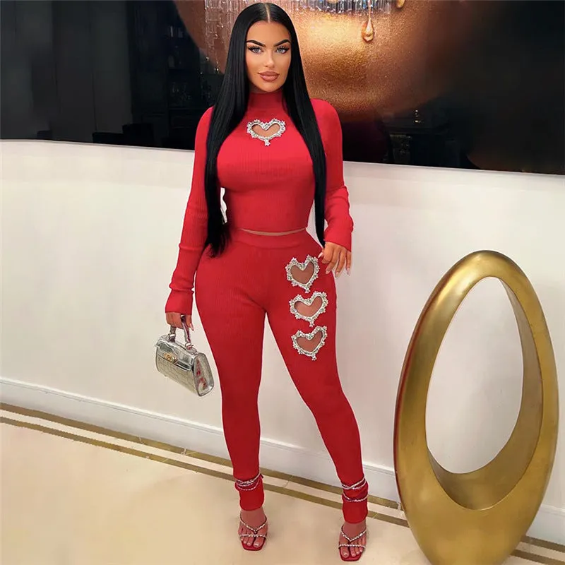 Glamorous Rhinestone Heart Cut-Out Long Sleeve Crop Top and High-Waist Pants Set