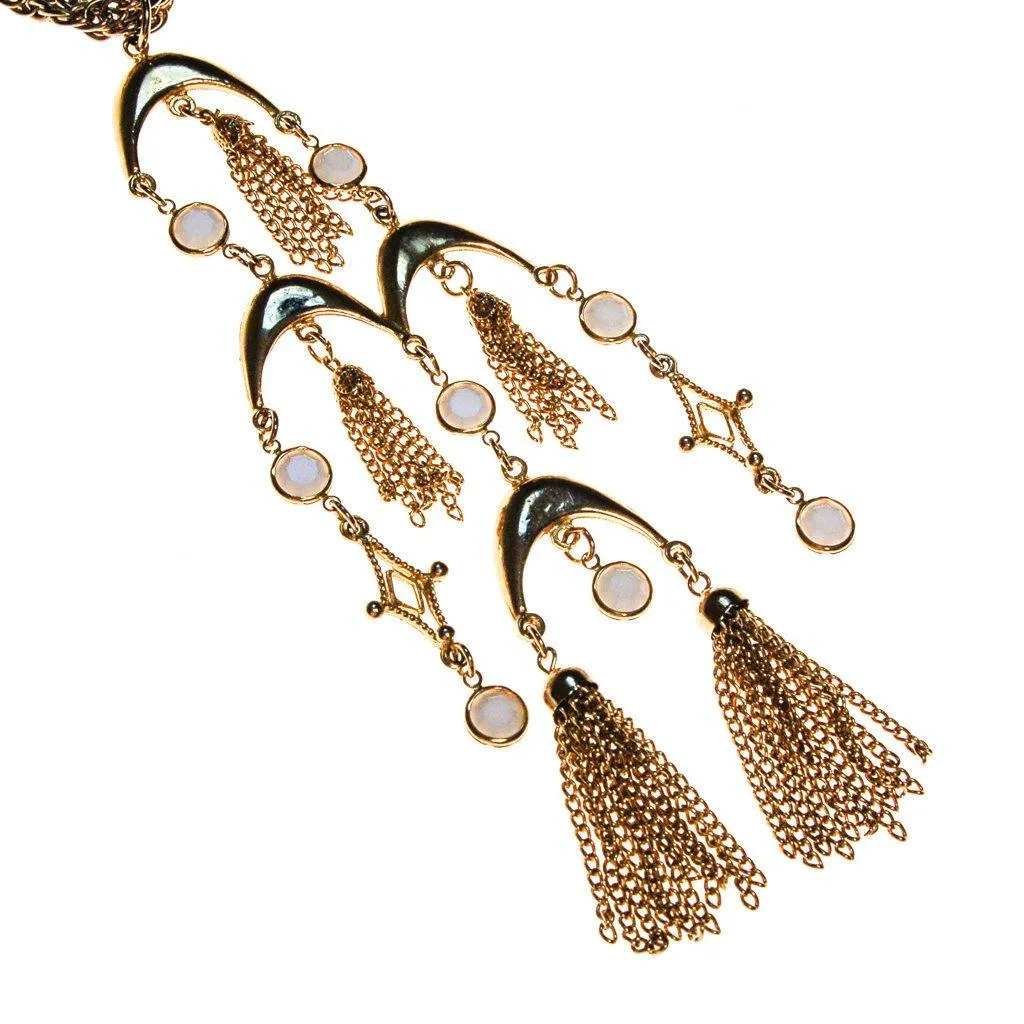 Gold and White Bezel Set Crystal Tassel  Statement Necklace