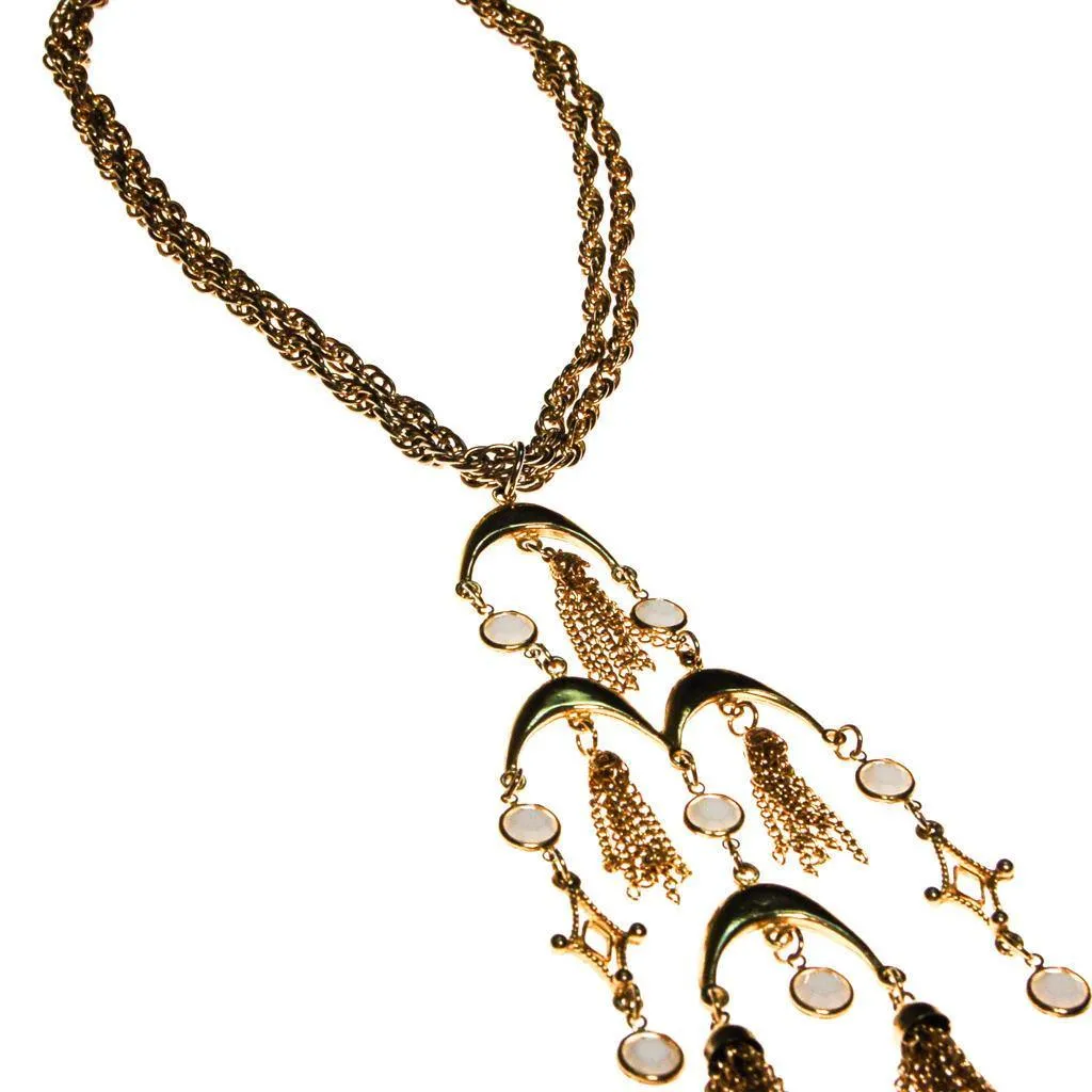 Gold and White Bezel Set Crystal Tassel  Statement Necklace