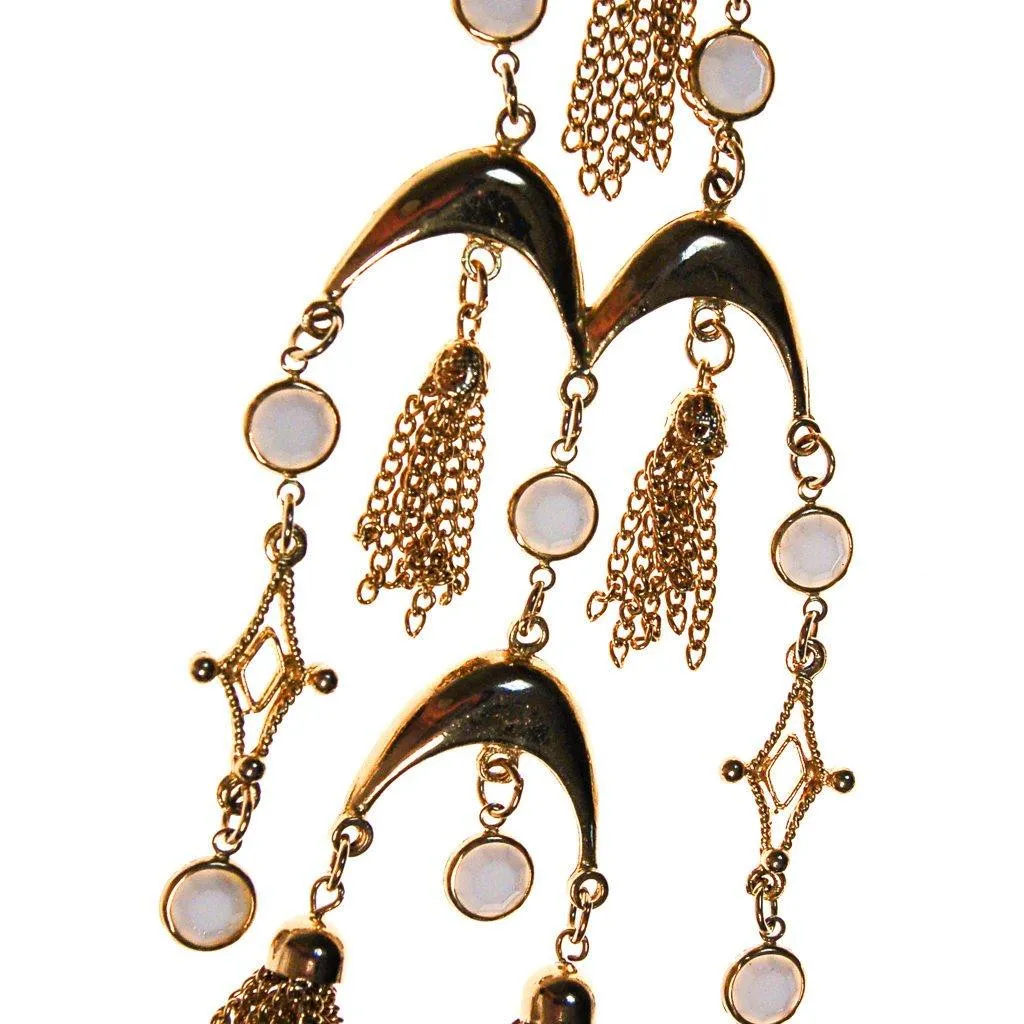 Gold and White Bezel Set Crystal Tassel  Statement Necklace