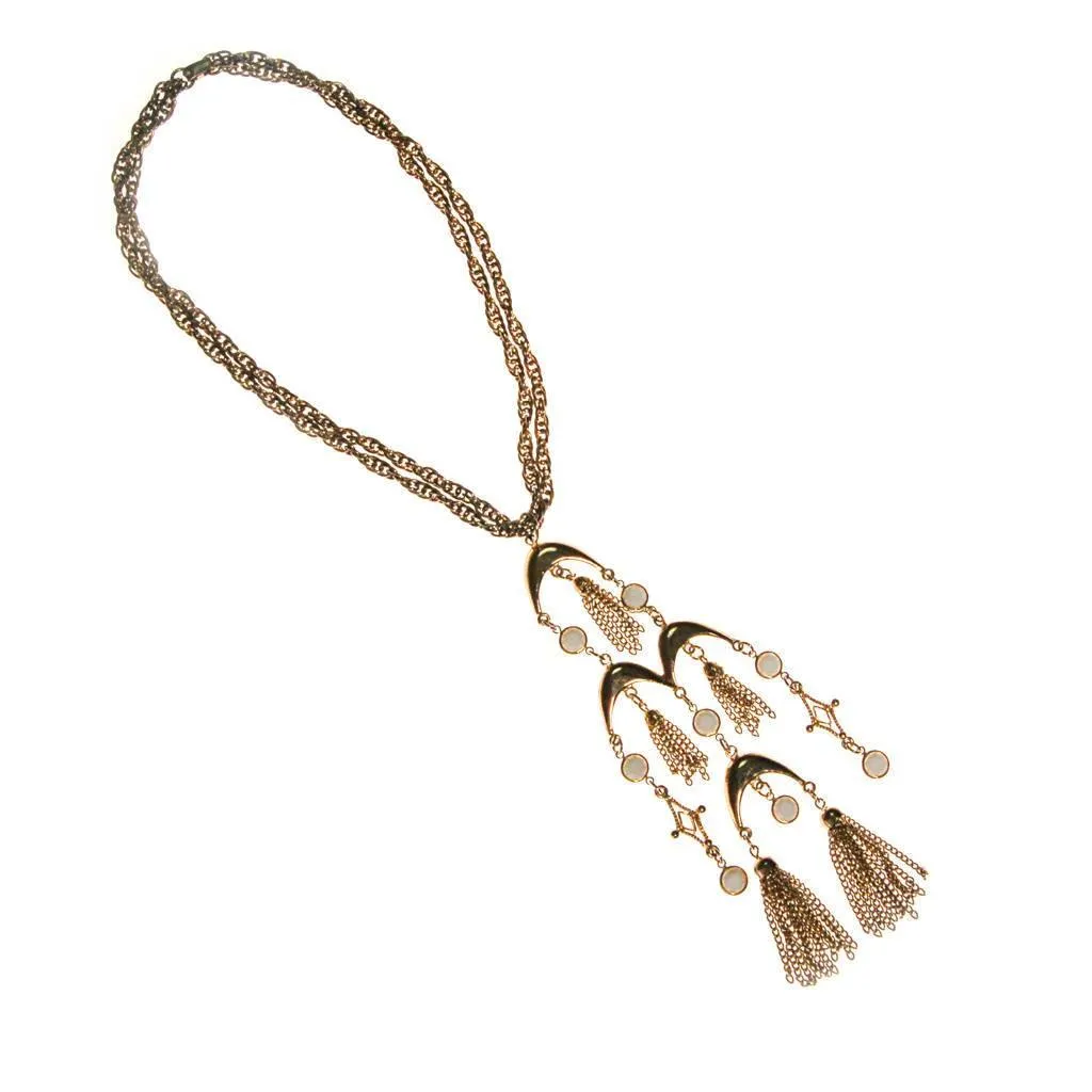 Gold and White Bezel Set Crystal Tassel  Statement Necklace