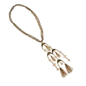 Gold and White Bezel Set Crystal Tassel  Statement Necklace