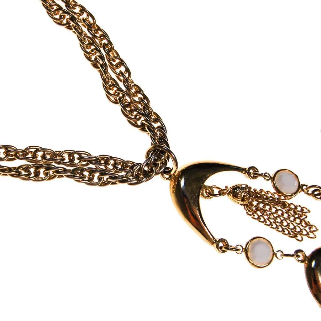 Gold and White Bezel Set Crystal Tassel  Statement Necklace