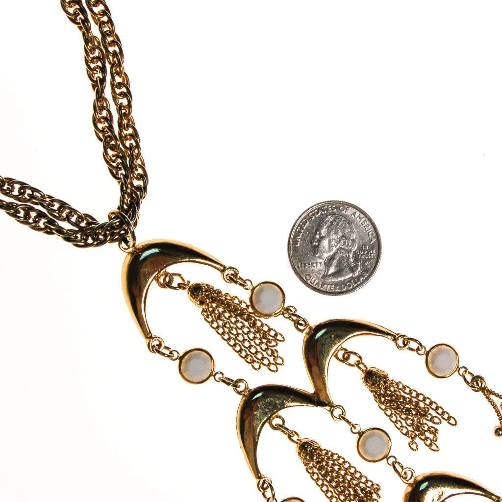 Gold and White Bezel Set Crystal Tassel  Statement Necklace