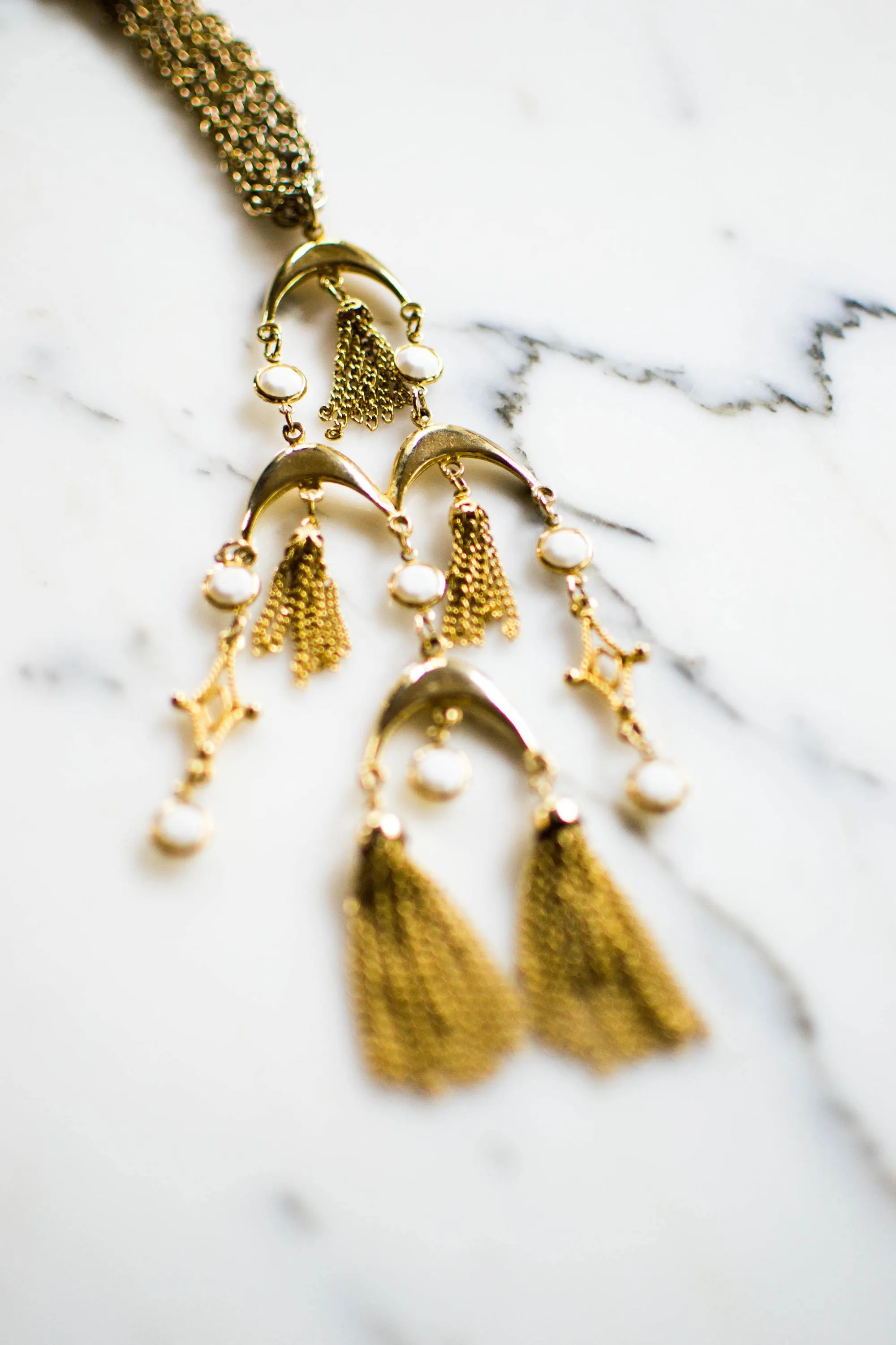 Gold and White Bezel Set Crystal Tassel  Statement Necklace